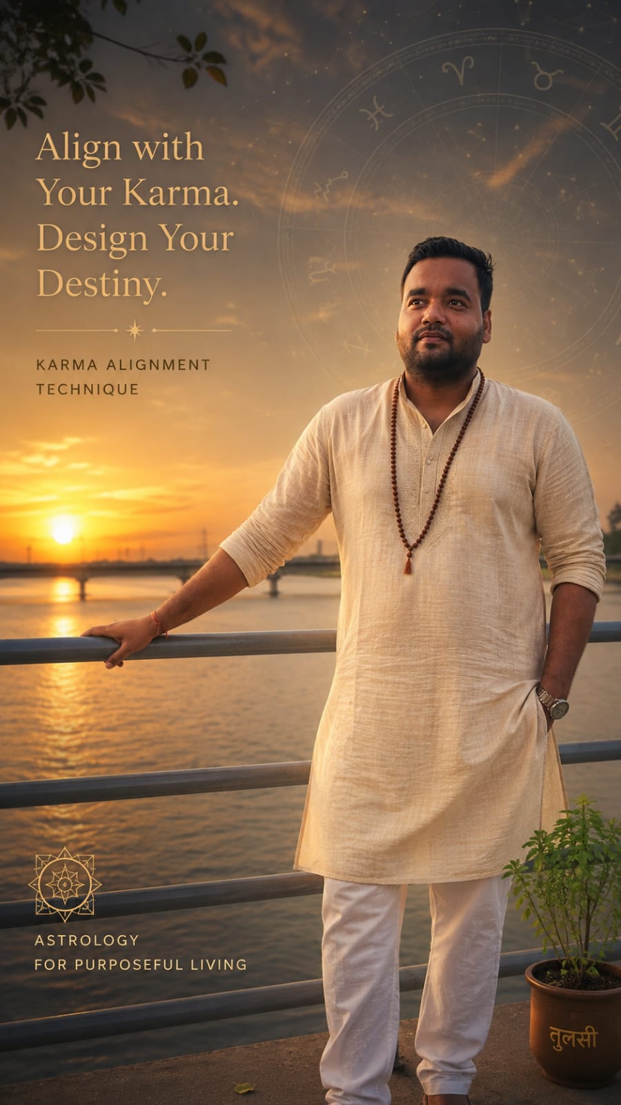Astrologer Kushagra Salonia of The Karma Compass at sunrise by the river